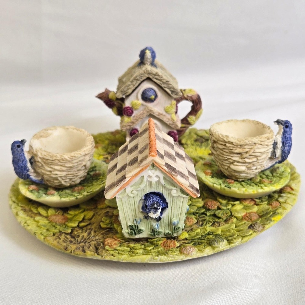 Popular Imports Mini Tea Set, Poly Resin, Bluebird Theme, Vintage 1996